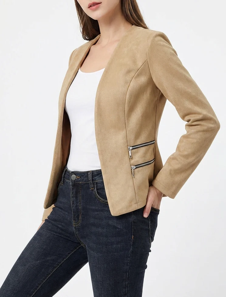 Veste en suédine à poches décoratives zippées - Beige foncé - Image 4