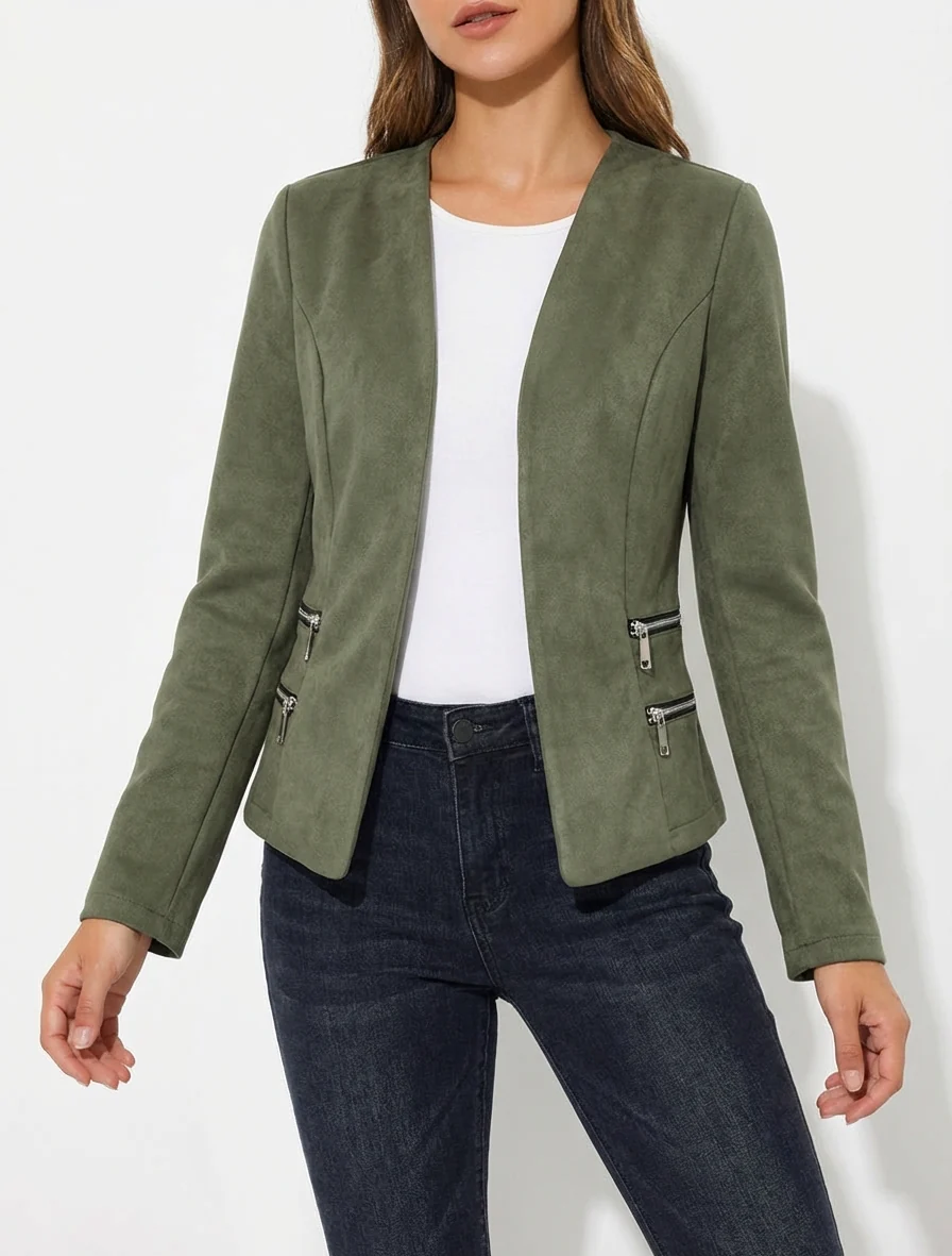 Veste en suédine à poches décoratives zippées - Kaki - Image 4
