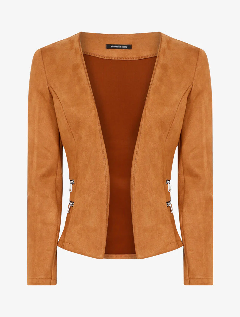 Veste en suédine à zips décoratifs - camel