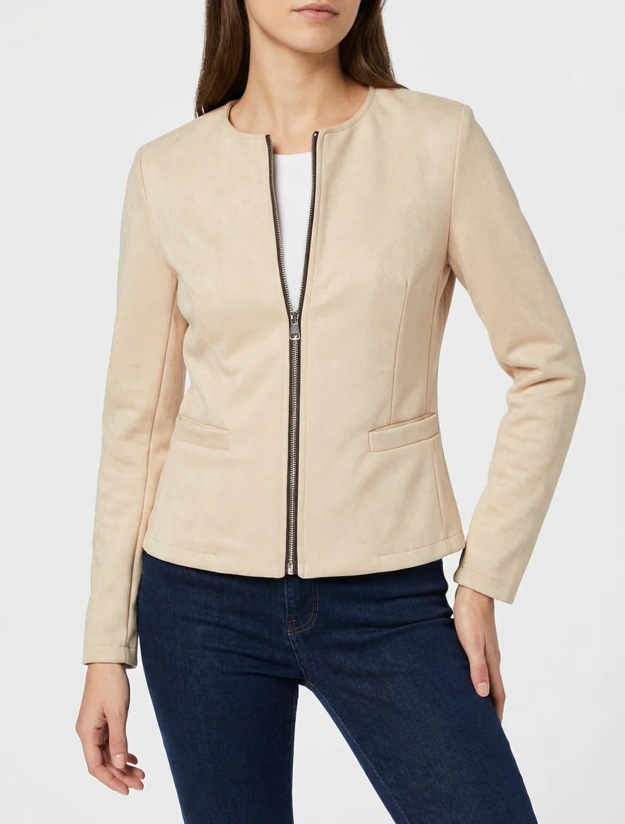 Veste en suédine zippée - Beige clair - Image 4
