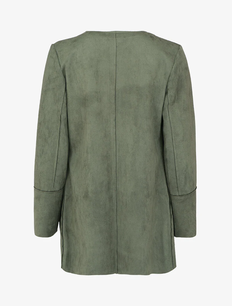 Veste mi-longue à col rond en suédine - Kaki - Image 2