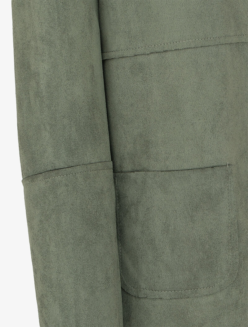 Veste mi-longue à col rond en suédine - Kaki - Image 3