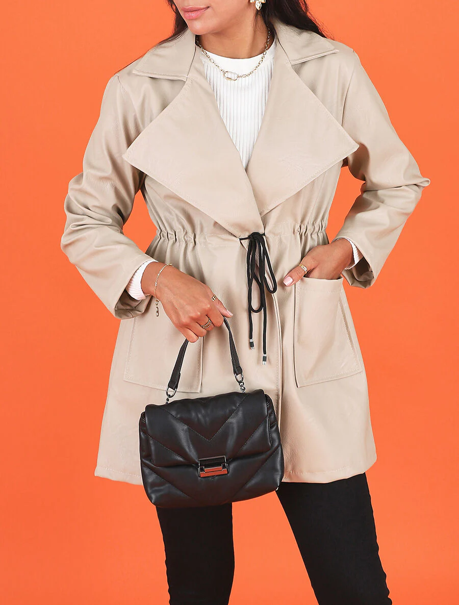 Veste mi-longue en simili - Beige - Image 4