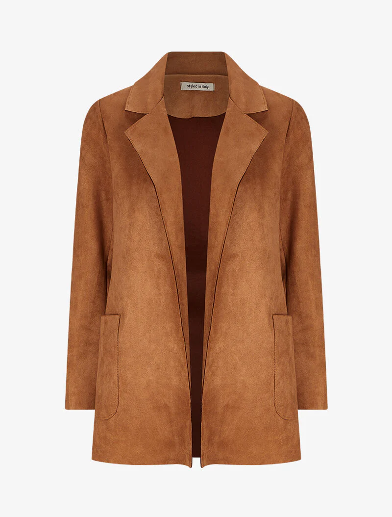 Veste ouverte mi-longue en suédine - Camel