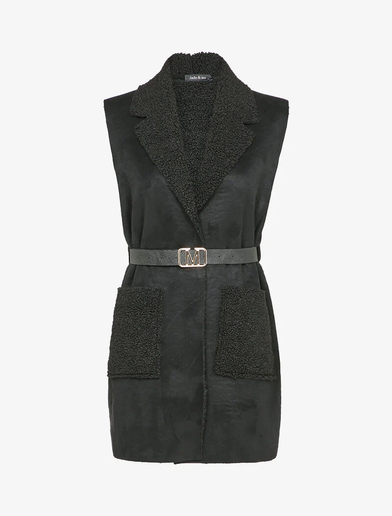 Veste sans manches style peau lainée - Noir