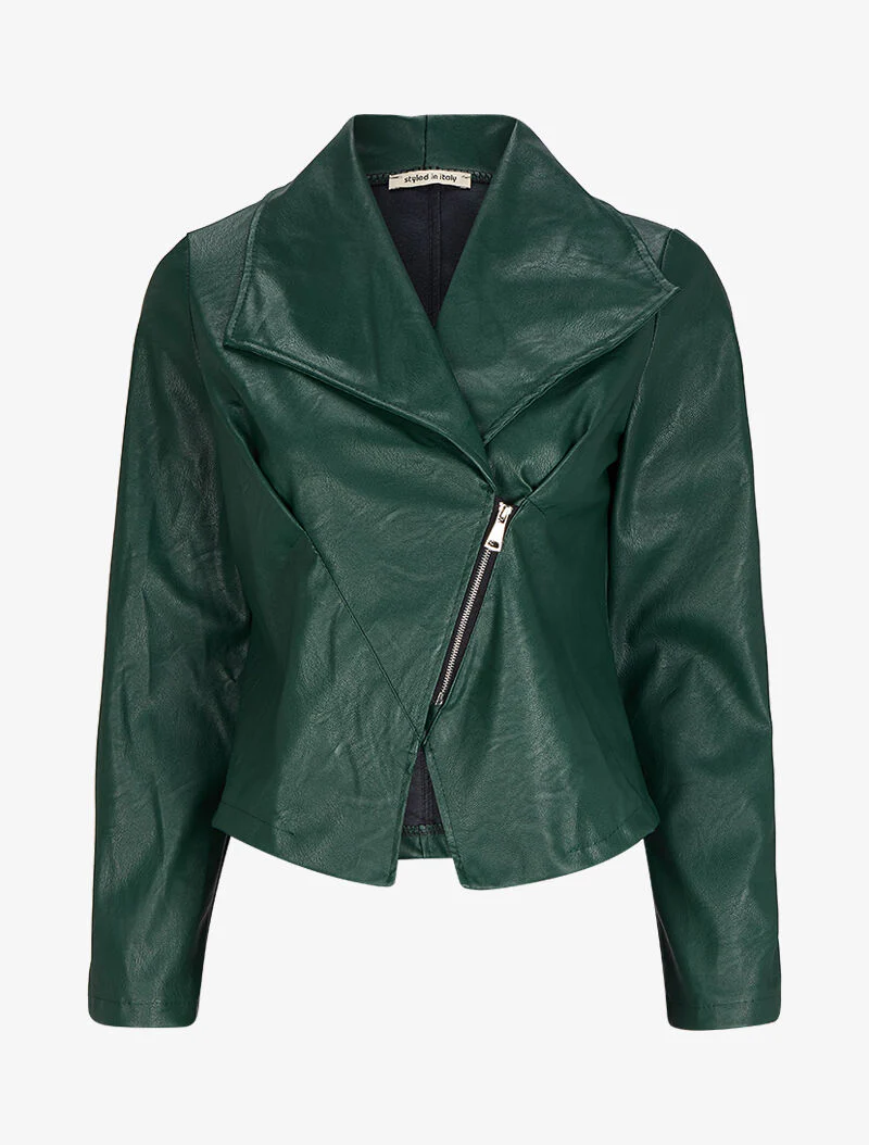 Veste style perfecto en simili à col large - Vert sapin